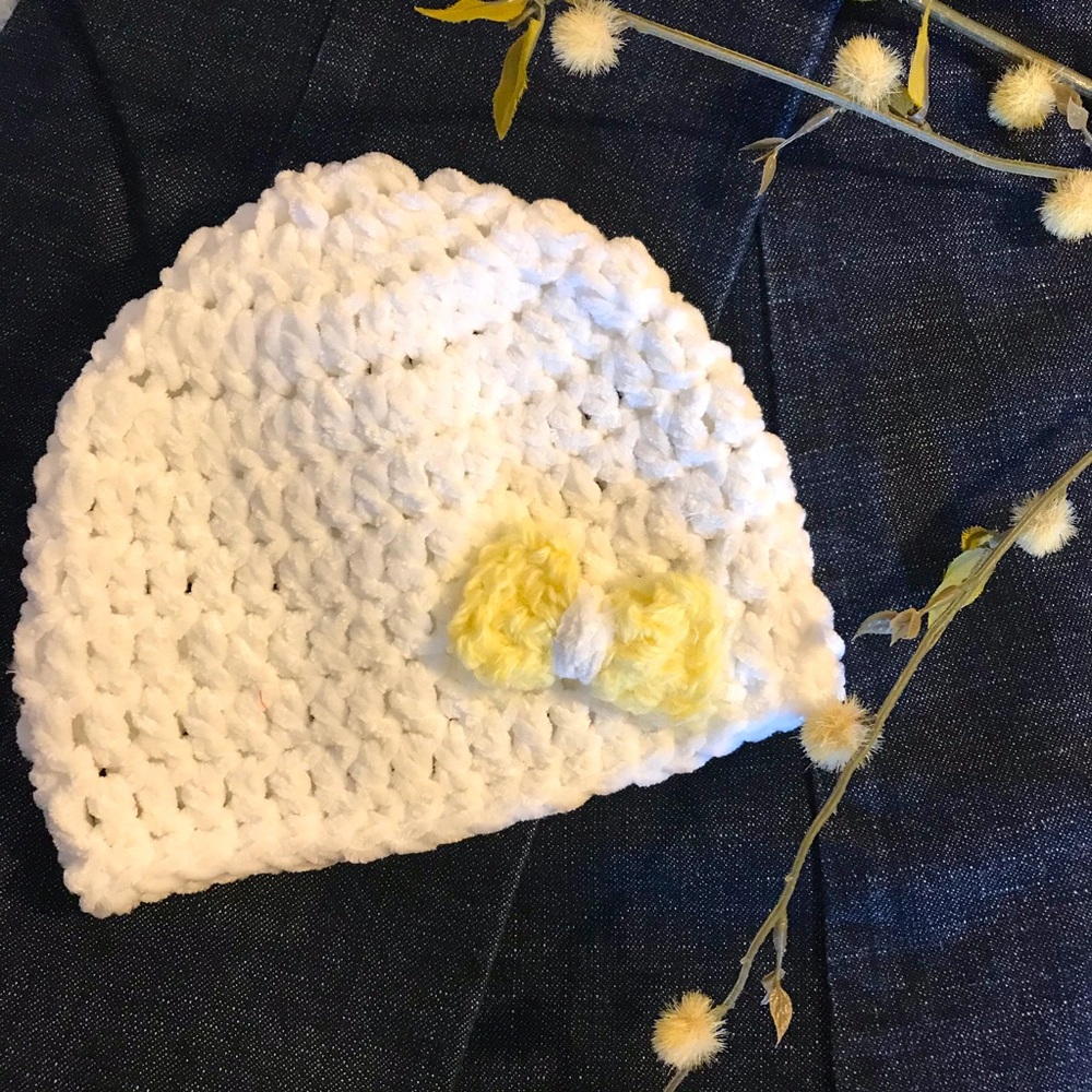Handmade White Chenille Crochet Baby Beanie